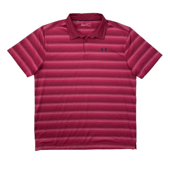 Under Armour Polo Shirt Mens XL Extra Large Pink Berry Heatgear Loose Striped - Picture 1 of 10